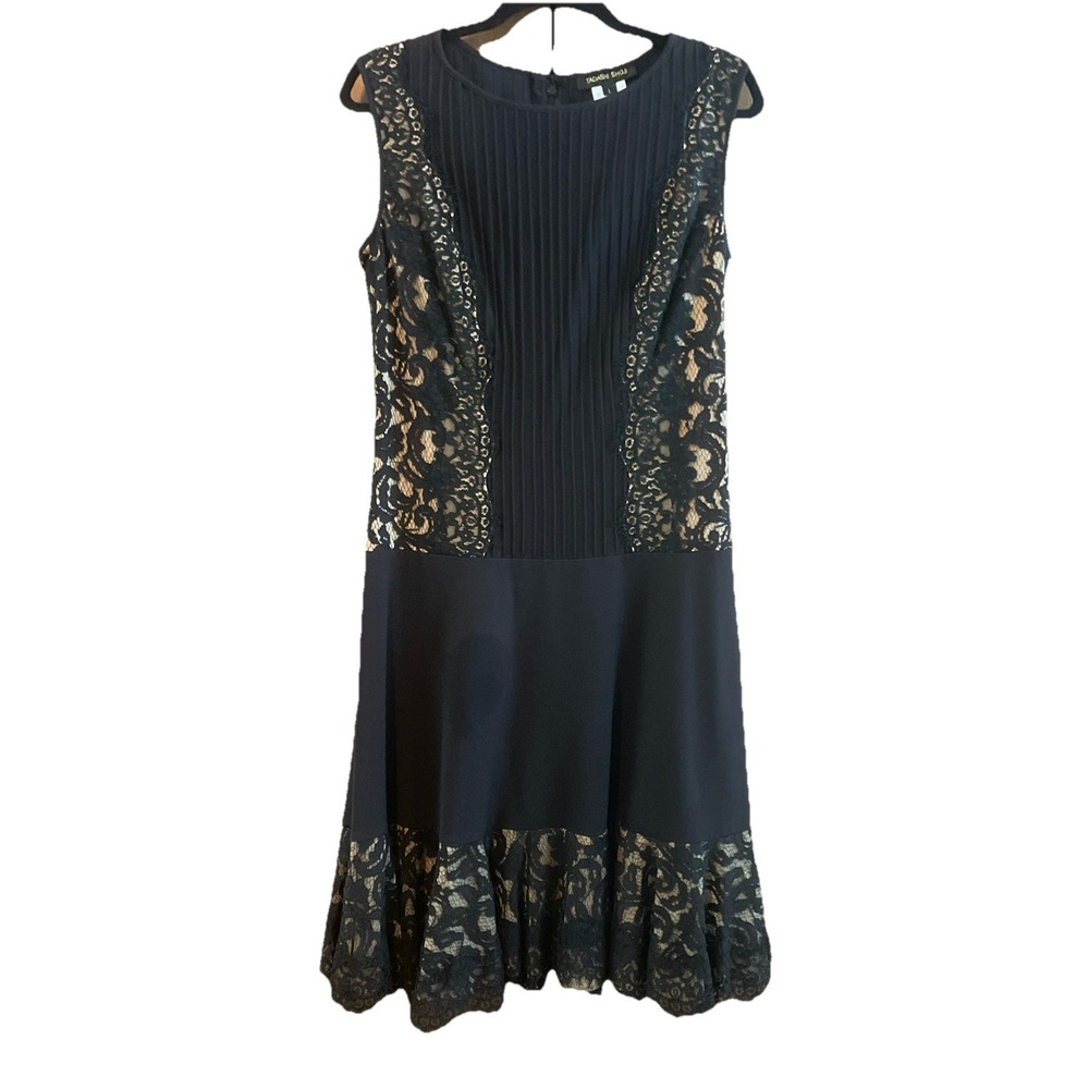 Tadashi Shoji Pintuck Jersey Lace Black Lined Pintuck Trim Dress Womens Large